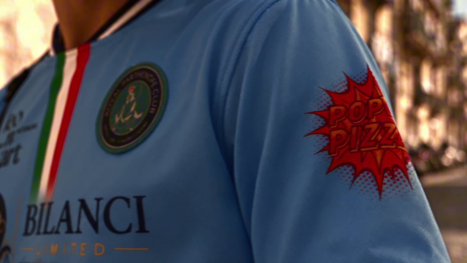 Close-up of the shirt with the crest and the Bilanci sponsor